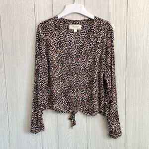 Cloth & Stone Brown Black Print V-Neck Long Sleeve Top Medium